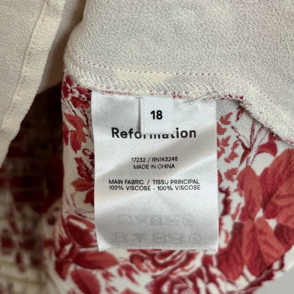 Reformation‎ Top 18 Red Cream Delevan Sweetheart Floral Puff Sleeve Blouse